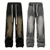 Jean baggy homme style rétro américain avec cordon de serrage, denim légèrement délavé, unisexe, style rock revival pour l'été et l'automne