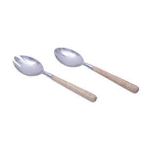 Ensemble élégant de fourchettes et cuillères à salade en acier inoxydable avec manche en rotin tressé – Décoration d'intérieur - Product Image 1