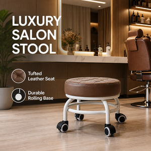 Luxury Tufted Brown Leather Salon <b>Stool</b> Low Rolling Stylist Chair with White Metal Frame and Caster Wheels Barbershop Seating - Product Image 1