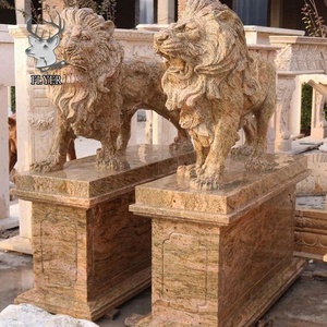 Decoración al aire libre tamaño real tallado a mano mármol Griffins León estatua piedra Natural alas Griffins Beige travertino estatua - Product Image 3