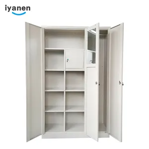 Armoire de rangement moderne KD beige, 3 portes, en acier, pour vêtements de chambre à coucher, casier en métal avec miroir, personnalisable, pièces