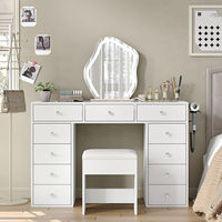 Coiffeuse moderne avec 1 tiroir et station de charge, plateau en verre, sans miroir, pour chambre à coucher