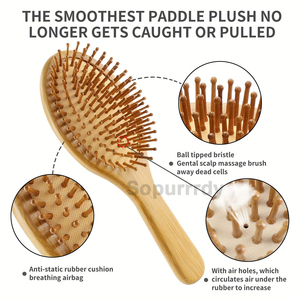 Custom Logo Hair <b>Brush</b> Wide Tooth Detangler Eco-Friendly Natural <b>Bamboo</b> Wood Bristle Scalp Massage Self-Cleaning Round Comb Set - Product Image 3