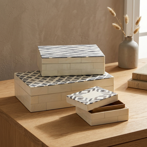 Stylish Wooden <b>Storage</b> <b>Box</b> Set of 3 with Geometric Pattern Durable <b>Decorative</b> Organizer <b>for</b> Home and Office Use - Product Image 1