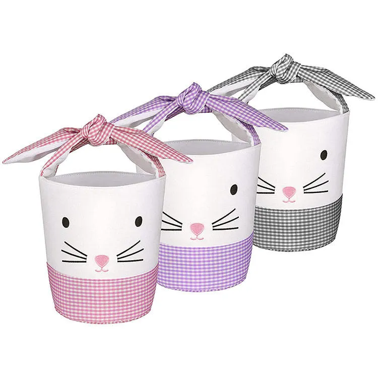 New Popular Gingham Plaid Cute Bowknot Cat Shape Easter Bunny Basket Cotton Tote Bucket Candy Egg Storage Bag Kids Gift Handbag