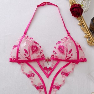 Body sexy à col licou brodé floral, lingerie en maille transparente ajourée, teddy sculptant artisanal pour femme - Product Image 3