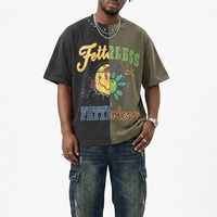 T-shirt graphique streetwear surdimensionné pour homme en coton tricoté lourd 100% personnalisé, imprimé, bicolore, avec col clouté et patchwork vieilli
