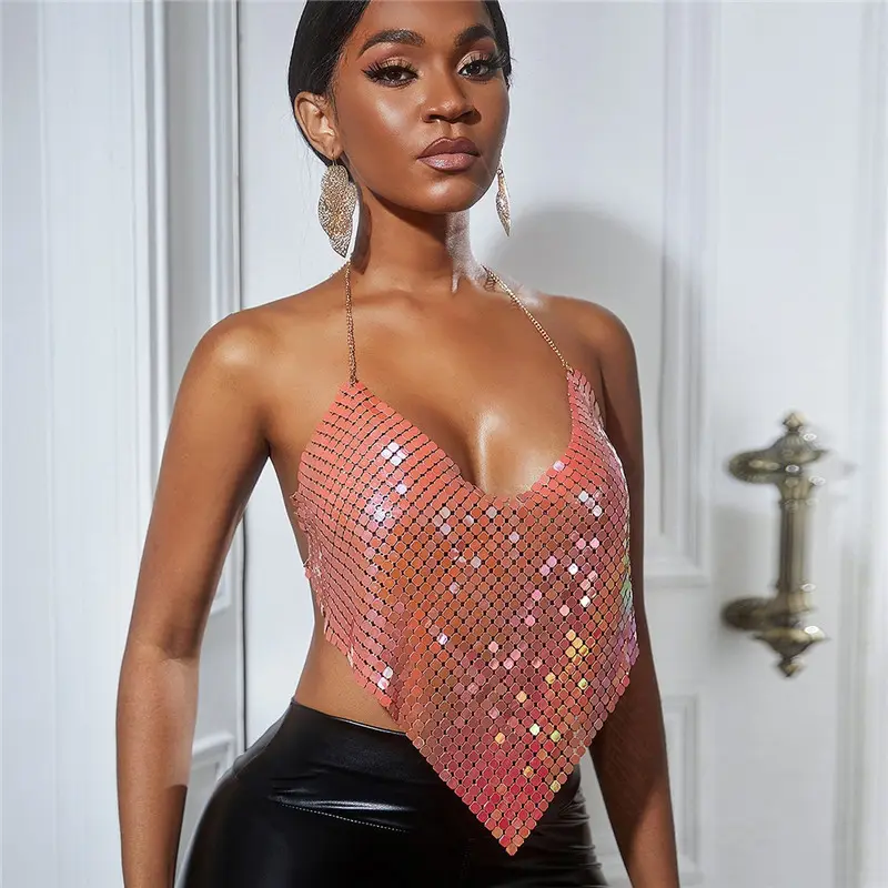 Crop Top Bling Pailletten Frauen Nachtclub Low Cut Neck holder Metall Pailletten Ketten riemen tief V ausgesetzt Nabel Tanktops