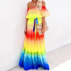 Bekleidungs hersteller Custom OEM Mehrfarbiges böhmisches Kleid Rüschen aus schulter freien Chiffon-Maxi-Freizeit kleidern mit Gürtel
