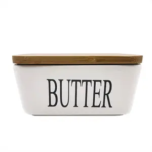 white decal porcelain plate ceramic butter dish with bamboo lid