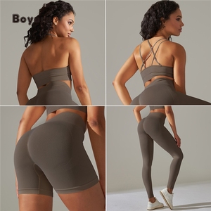 Boyarn femmes élastique dos croisé Sport soutien-gorge licou soutien-gorge sans couture 4 pièces ensemble ventre contrôle bout à bout levage pantalon Yoga Gym Fitness ensemble - Product Image 4