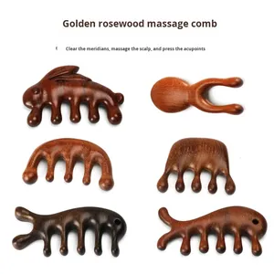 Bois de santal doré personnalisé cinq dents tête ronde méridien cinq doigts peigne de massage masseur massage de la tête - Product Image 2