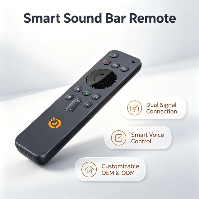 Custom Plastic Fixed Code BLE Voice Remote with 10m Range for Soundbar & Desktop Audio