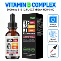 Complexe de vitamines B liquide haute puissance, gouttes, B12 5000mcg, B6, B1, Niacine, Folate, saveur framboise, complément alimentaire végétalien, 60ml