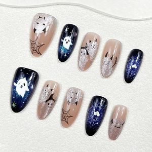 Uñas postizas de almendra para Halloween, pintadas a mano con efecto ojo de gato, uñas fantasma modernas, espeluznantes y elegantes, uñas postizas reutilizables, arte de uñas gótico - Product Image 4