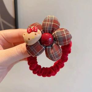 Best-selling new style red plaid flower hair <b>ring</b> children's autumn and winter head rope cute <b>cartoon</b> - Product Image 4