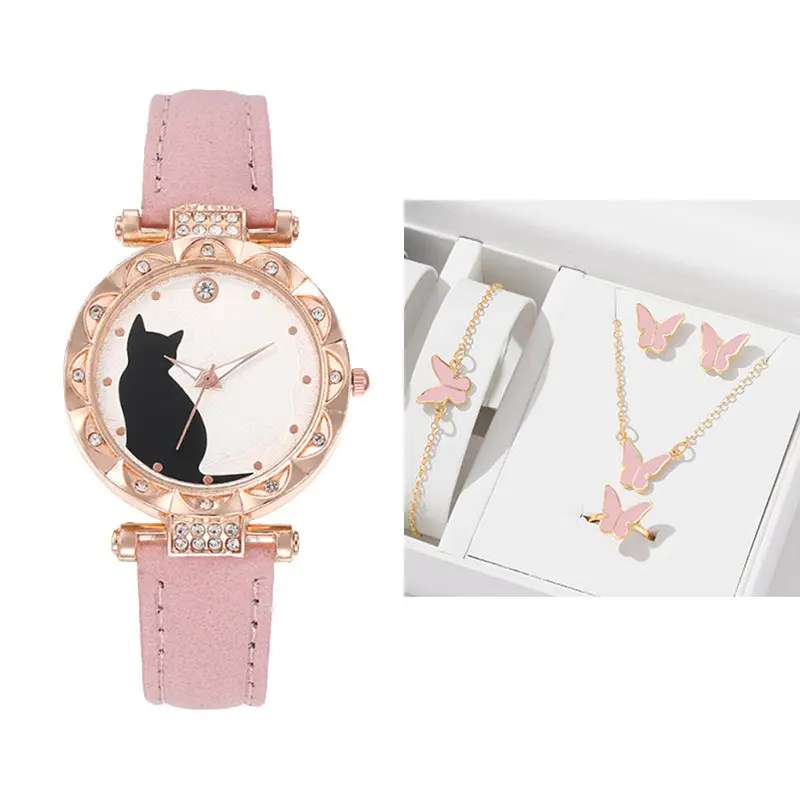 Nuevo reloj pop de moda femenina con personalidad simple, reloj y pulsera de cuarzo de gatito para mujer, conjunto de regalo de reloj de lujo con caja