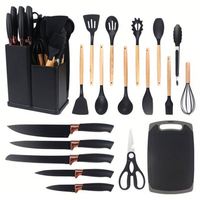 Ensemble d'ustensiles de cuisine en silicone avec manche en bois, 19 pièces, écologiques, compatibles lave-vaisselle, avec seau de rangement combiné, outils de cuisine