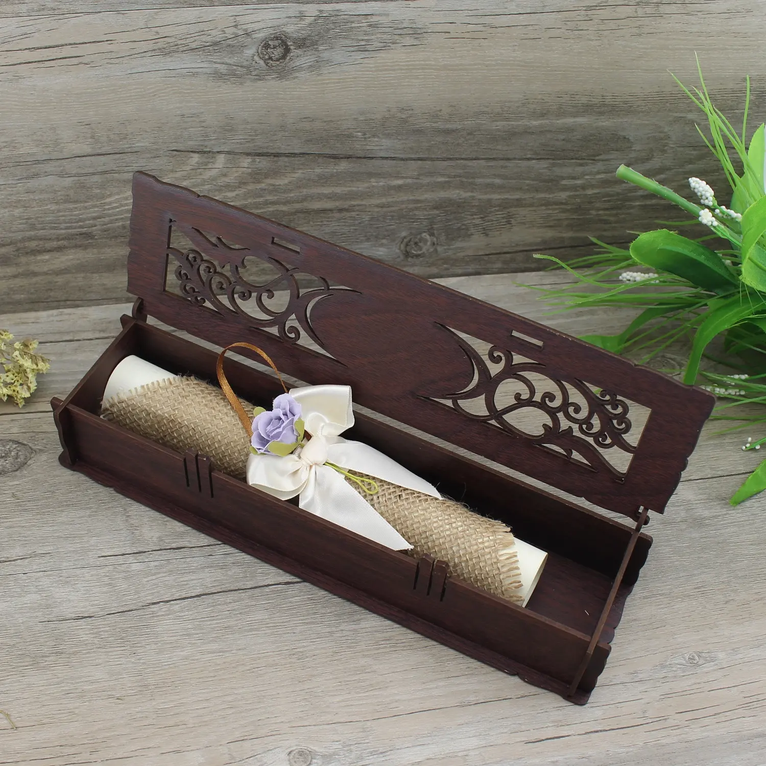 Caja de madera rectangular de alta calidad para invitación de boda, para invitación de desplazamiento