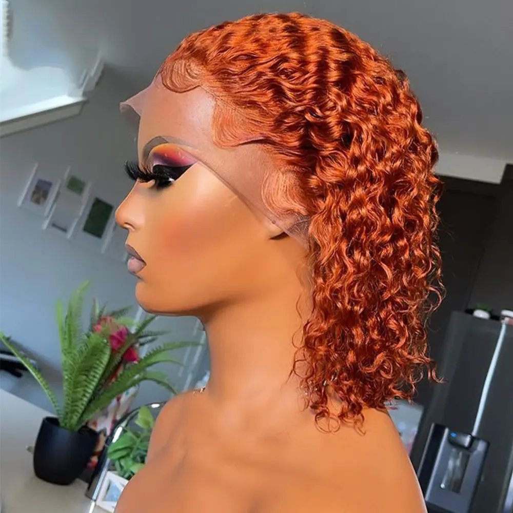 Ginger Orange Curly Bob Lace Front Human Hair Wig 180% Remy Straight Water Wave Bob Lace Wig Glueless Pre Plucked With Baby Hair
