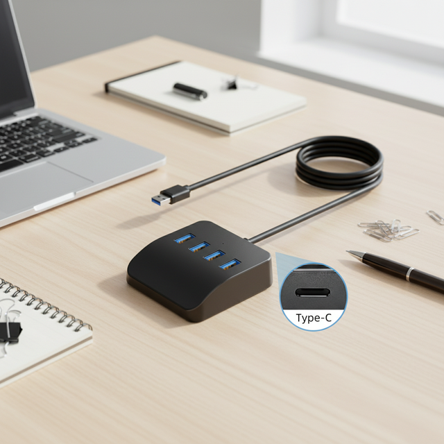 USB 3.0 4-Port Type-C Hub DC Output ABS Material High-Speed Data Transfer Non-Slip Base Plug & Play for PC Laptop