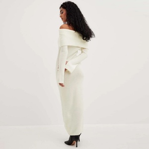 เดรสยาวไหมพรมแขนยาวสำหรับผู้หญิงคุณภาพสูง สีขาว ทรงเข้ารูป เหมาะสำหรับฤดูหนาว - Product Image 3