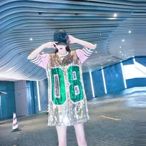 Pink and Green 08 Streetwear Number <strong>Sequin</strong> Loose <strong>Long</strong> T Shirts <strong>Sequin</strong> Baseball Shirt <strong>Sleeve</strong> Casual <strong>Tops</strong> Stage Costumes - Product Image 4