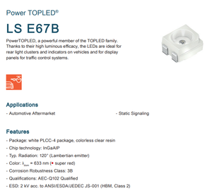 Meilleur prix pour les LED OSRAMs Discrete 2.2V 4-PLCC LS E67B-T2V1-1-1 Rouge 633nm SMD Chip Dimmable avec garantie de 3 ans - Product Image 2