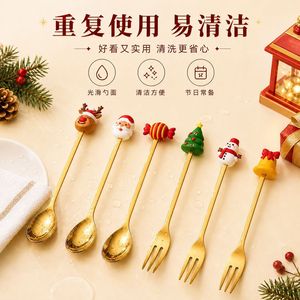 Vaisselle de Noël en acier inoxydable, cuillère et fourchette créatives en forme de bonhomme de neige, cuillère à café, fourchette à fruits, ensemble cadeau - Product Image 3