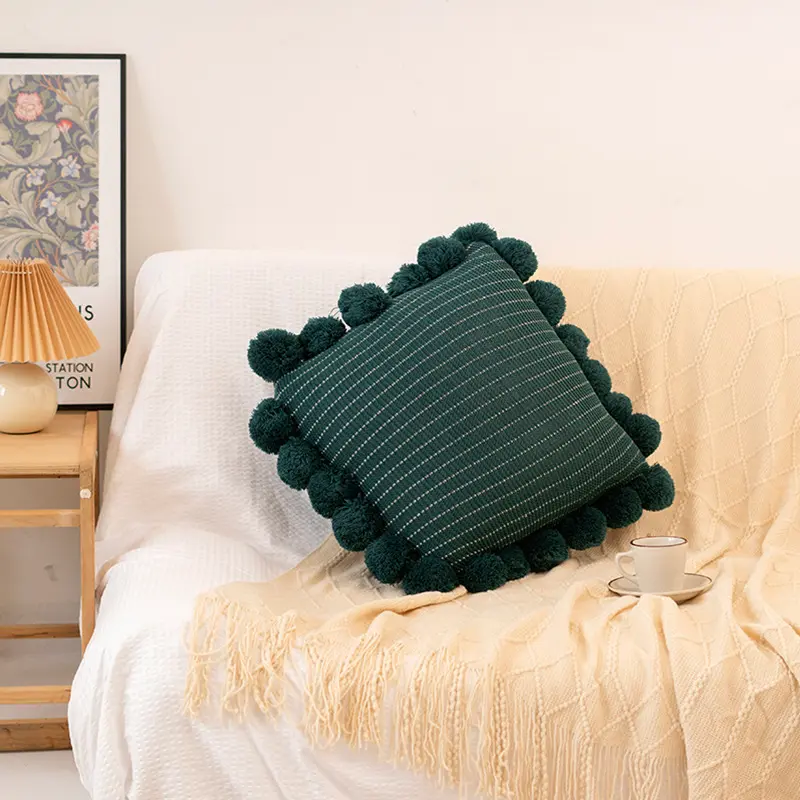 ポンポン高級枕付きアクリルニットクッションカバーアクリルソファ装飾枕