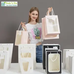 Saco de papel do flor com janelas, saco de papel de presente da boneca com alças compras personalizadas com janela transparente