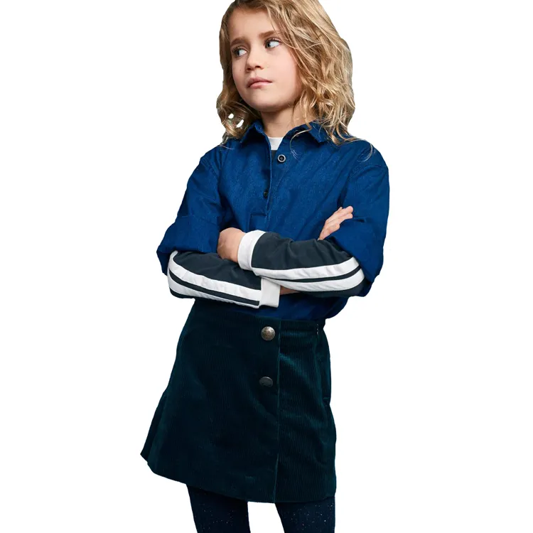 शरद ऋतु लड़कियों सेट बच्चे को कपड़े नीले रंग की डेनिम शर्ट दो टुकड़ा उच्च waisted स्कर्ट सेट