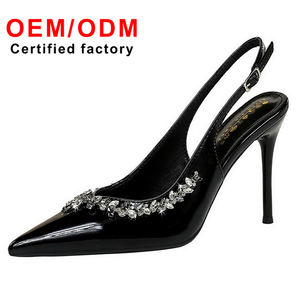 Haute qualité femmes Sexy fête mince pointu strass en cuir verni Slingback à lanières à la mode talons hauts marque chaussures pour femmes - Product Image 1