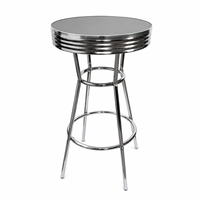 Table de bar style vintage, plateau rond noir, cadre chromé, repose-pieds double anneau, look dîner des années 1950, pour la maison, la salle de jeux, la mancave, le bar
