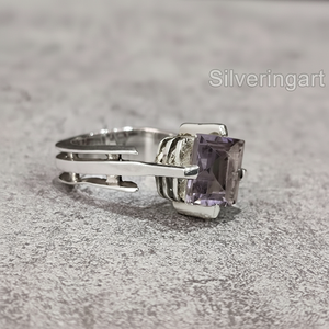 แหวนผู้หญิง อเมทิสต์ธรรมชาติ แหวนค็อกเทลพลอยประจำเดือนกุมภาพันธ์ งานแฮนด์เมด เครื่องประดับเงินแท้ 925 - Product Image 1