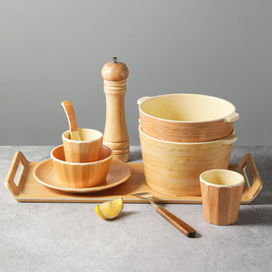 Melamine Tableware <b>Set</b> Wood Grain Bowl Plate <b>Cup</b> Spoon <b>Set</b> For Daily Use Hotel Coffee Tea Serving - Product Image 1