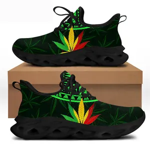 3D Green Weed Leaves Impressão Plataforma Sneakers para As Mulheres Respirável Lace up Flat Shoes Confortável Mulher Calçado Sneakers