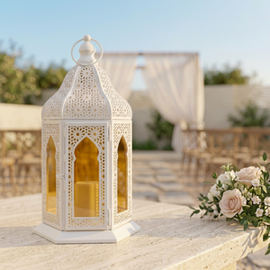 Lanterne à bougie marocaine en métal blanc faite à la main avec verre brun doré pour la décoration de la maison, Ramadan et mariages - Product Image 6
