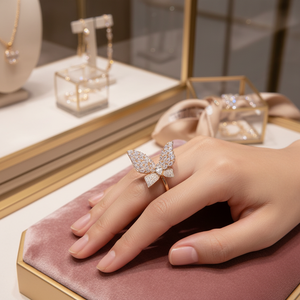 Anelli in acciaio inossidabile a farfalla placcati oro rosa CZ diamanti taglio ovale rodio 18K placcatura alla moda stile di apertura - Product Image 3