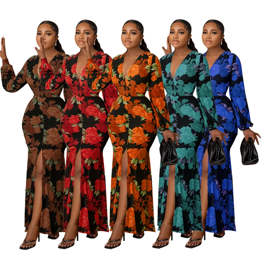 Custom Private Label American Clothing Wholesale Women Printing Tiered Elegant Long Sleeve Ruffle Floral Maxi Dress
