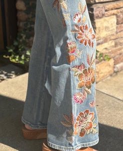 Pantalones Vaqueros Ajustados de Mezclilla con Bordado Floral Retro, 100% Algodón, Lavado Claro, Cintura Alta, para Mujer - Product Image 4