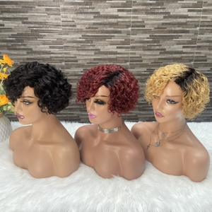 Venta al por mayor hecha a máquina Bob <span class=keywords><strong>pelo</strong></span> humano parcial Pixie corte pelucas para mujeres negras barato Pixie corte rizado PELUCAS CABELLO humano - Product Image 1