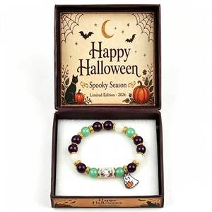 ハロウィンブレスレット：天然カルセドニーにUVプリントの幽霊とパンプキンチューブチャームをあしらったビーズブレスレット、ユニセックスギフト - Product Image 6