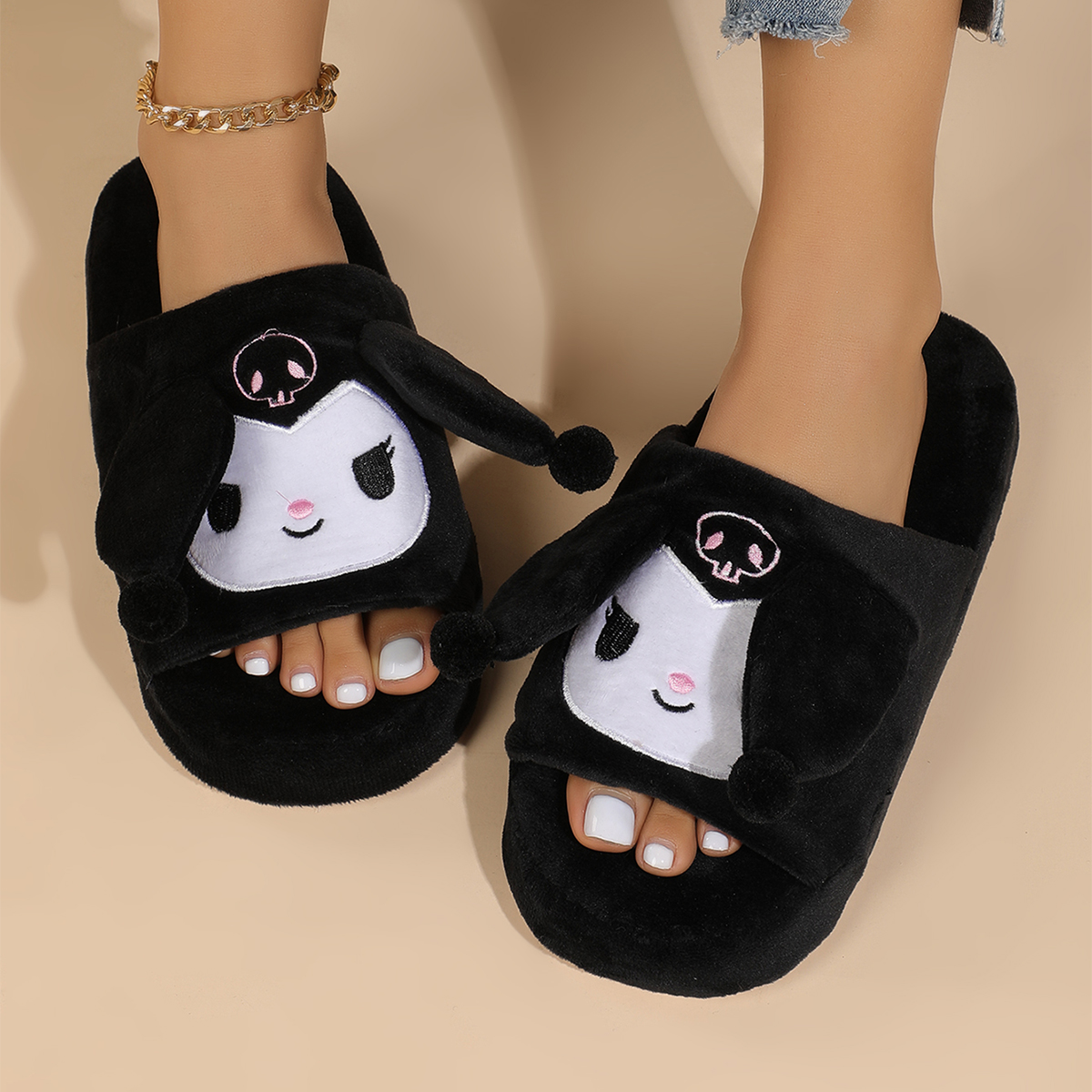 Petite Black Plush Slippers Cute Bunny Ear Slippers Cozy Indoor