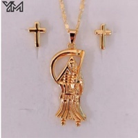 Ensemble de bijoux YM style vintage plaqué or 18 carats, collier et boucles d'oreilles en émail vert et zircon, amulette religieuse pour femmes