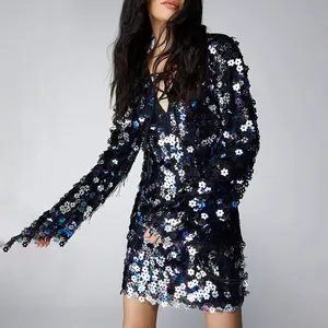 SD022 Highly Custom Sequin Dresses V Neck Lace Up Women Mini Dress Fringe Sleeves Unique Flower Sequined Party Dress
