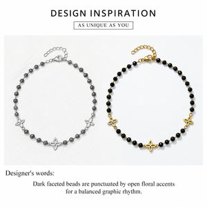Collier floral en cristal noir, acier inoxydable, plaqué or 14 carats, chaîne à perles, 41+5 cm, 6,8 g - Product Image 4
