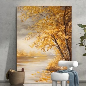 Pintura al óleo de paisaje minimalista moderna, hojas doradas, arte decorativo hecho a mano con textura para sala de estar, recibidor - Product Image 5