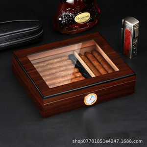 Caja de Almacenamiento de Cigarros de Madera, Cuadrada, con Tapa Abatible y Medidor de Humedad, en Rojo, Marrón y Negro - Product Image 3