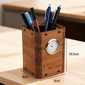 Wooden Clock <b>Pen</b> Holder Square Multi Functional Storage <b>Box</b> For Desk Office Home Student Use - Product Image 3
